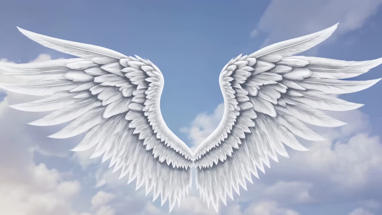 Aerial view of detailed white angel wings against a cloudy sky, creating a serene and ethereal