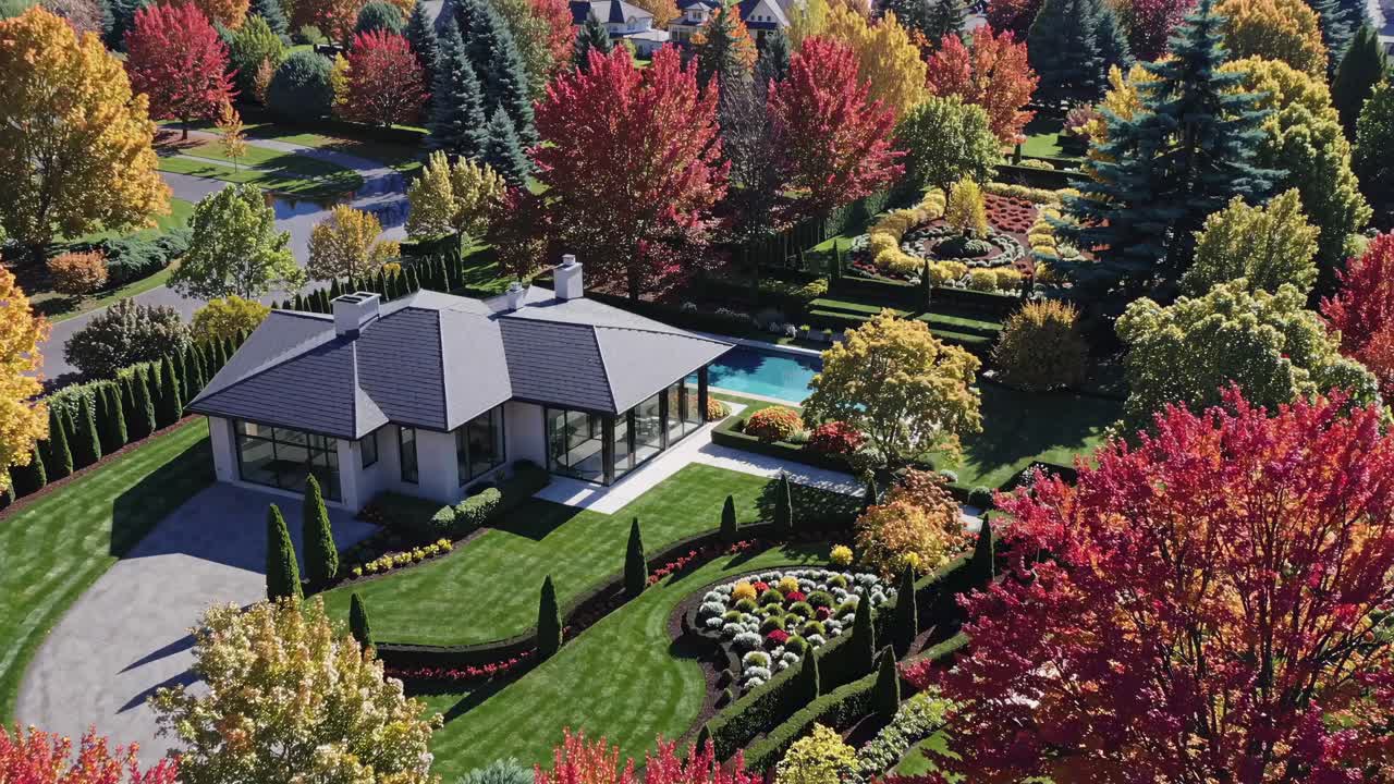 Aerial view of a modern house surrounded by vibrant autumn foliage, showcasing landscaped gardens