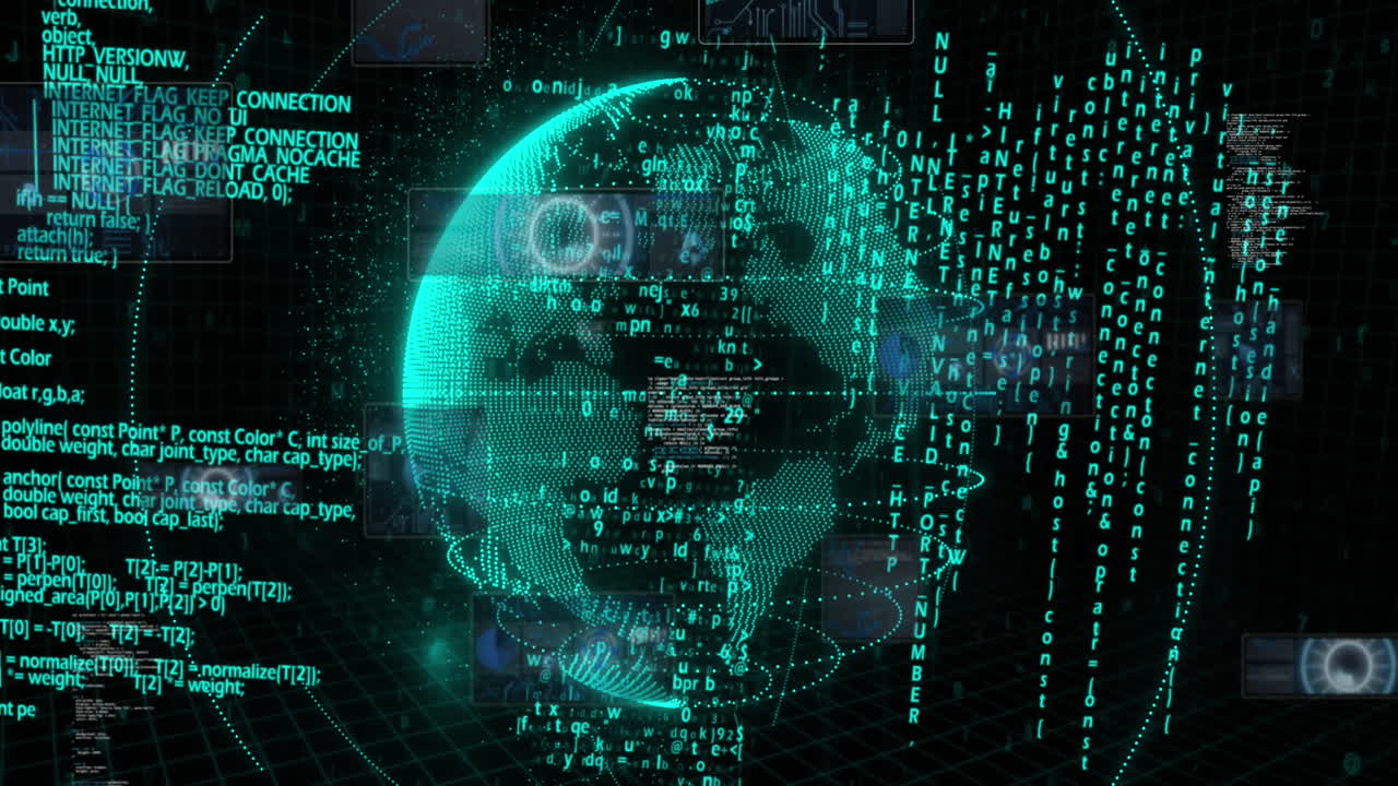 animación de escáneres redondos y procesamiento de datos sobre un globo giratorio contra un fondo negro