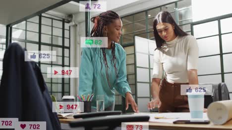 animation of changing numbers and icons in notification bars, female coworkers sharing ideas