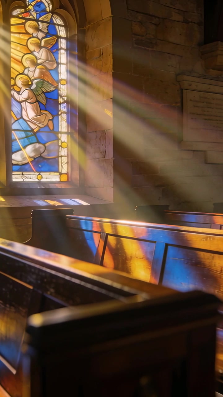 Video verticale: Luce solare che proietta luce colorata da una vetrata attraverso i banchi in chiesa.