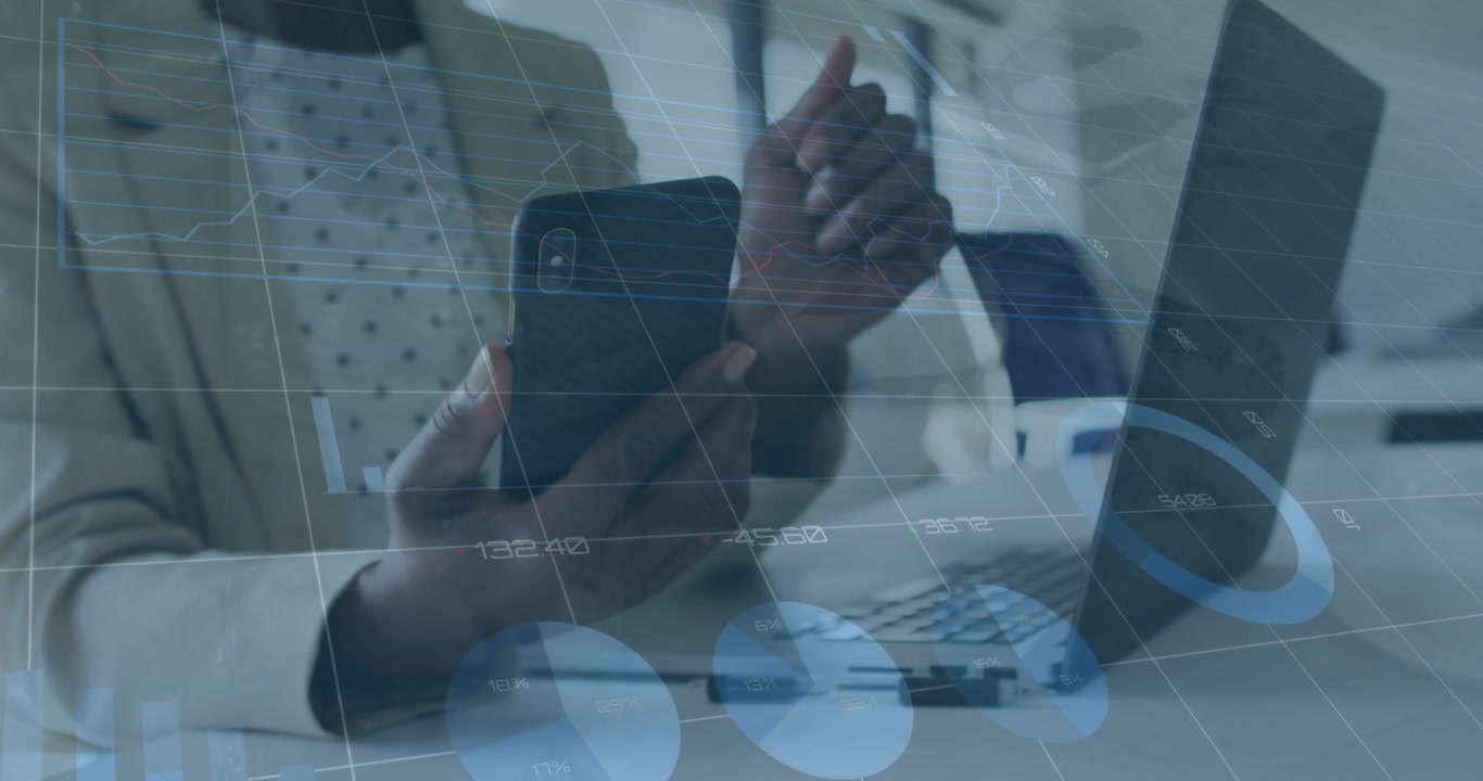Animation of data processing against mid section of a businesswoman using smartphone at office