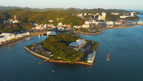 beautiful toba bay at dawn, mikimoto island pearl center and town aerial view