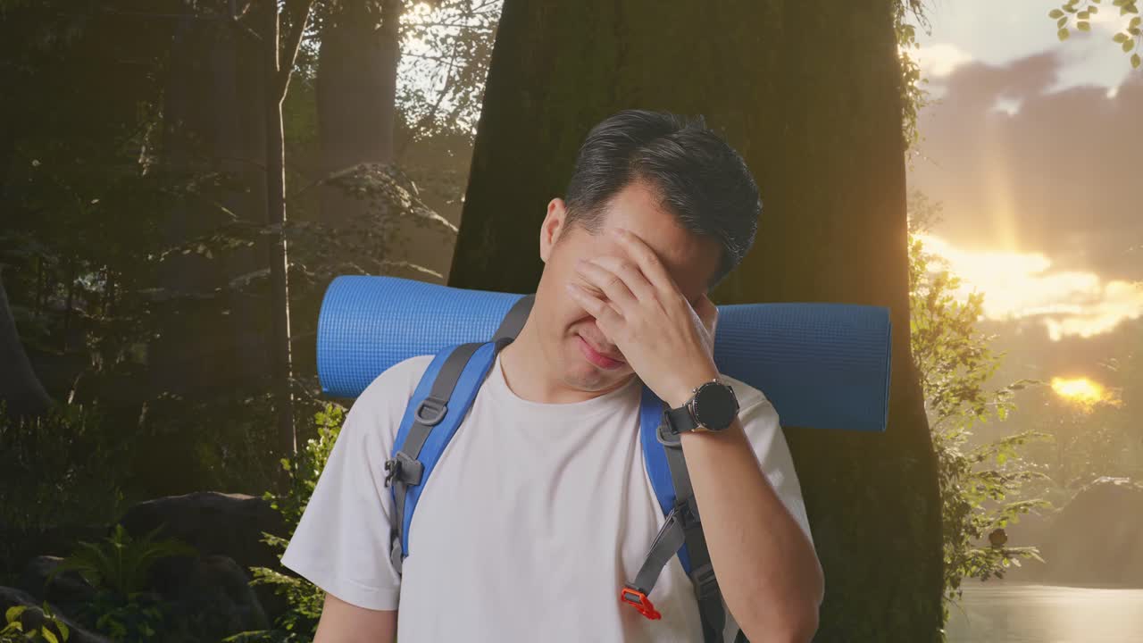 산책 중 두통을 겪는 남자