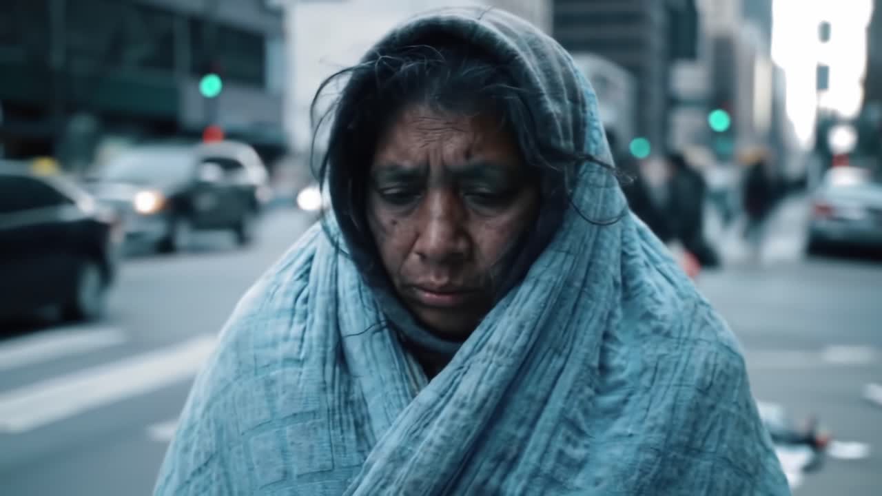 A Moment of Reflection: Captured Emotions of a Woman Wrapped in a Blanket on a City Street, Facing the Hurdles of Daily Life Amidst Urban Chaos