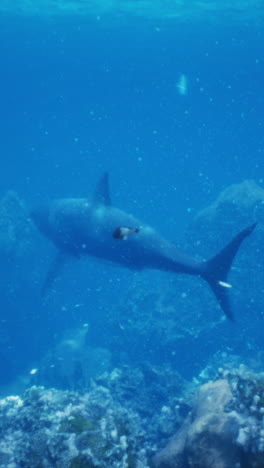 a grey reef shark swimming over a coral reef