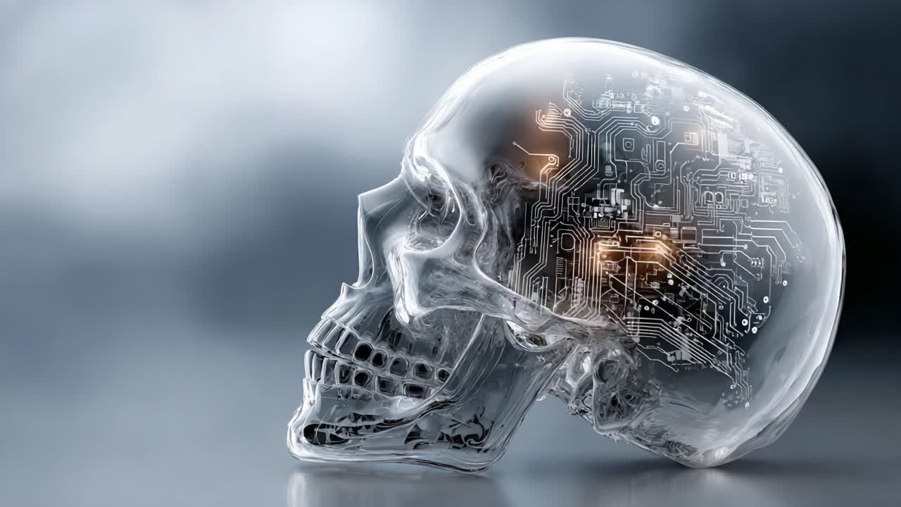 A futuristic, transparent skull revealing intricate circuitry and glowing elements, symbolizing the merging of technology and human cognition in a stunning visual composition