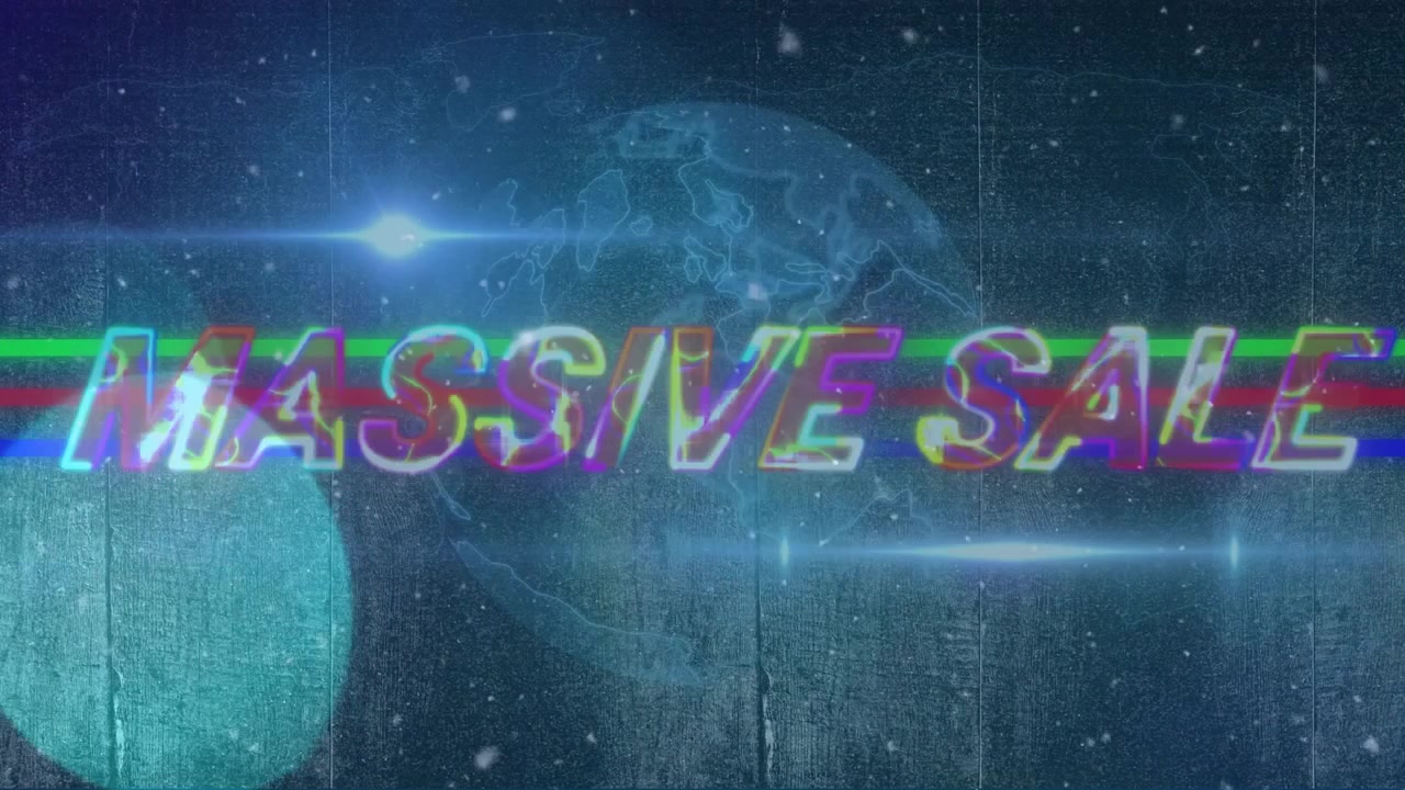 Animation eines Lichtflecks und fallender weißer Partikel über einem riesigen "Sale"-Textbanner und einem sich drehenden Globus.