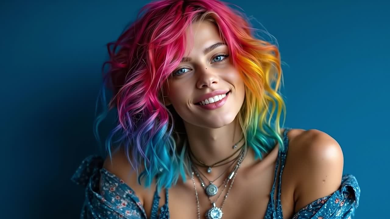 카메라에 미소 짓는 다채로운 머리카락을 가진 여자