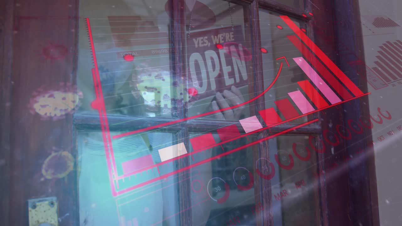 바이러스 세포의 애니메이션과 얼굴 마스크를 착용한 백인 여성이 가게를 여는 다이어그램