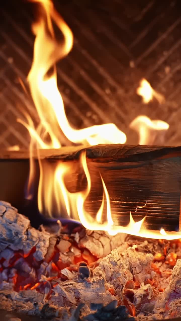 Vertical close-up of flames licking a wood log over glowing embers in a fireplace, with ash and sparks—cozy indoor heating, winter comfort background b-roll