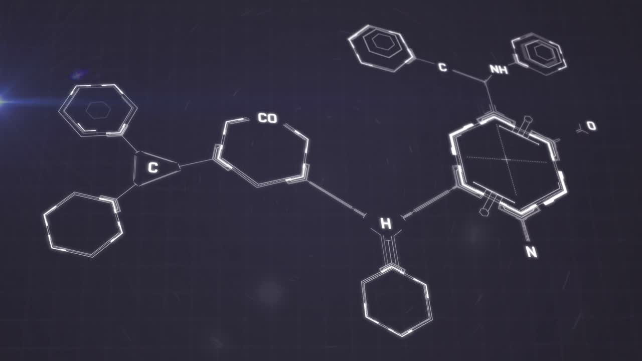 검은색 배경에 화학 공식으로 분자 구조의 애니메이션