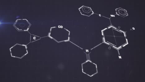 Animation-of-molecular-structure-with-chemical-formulas-over-black-background