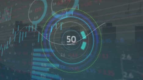 animation of changing numbers in loading circles, graphs, trading board over modern city