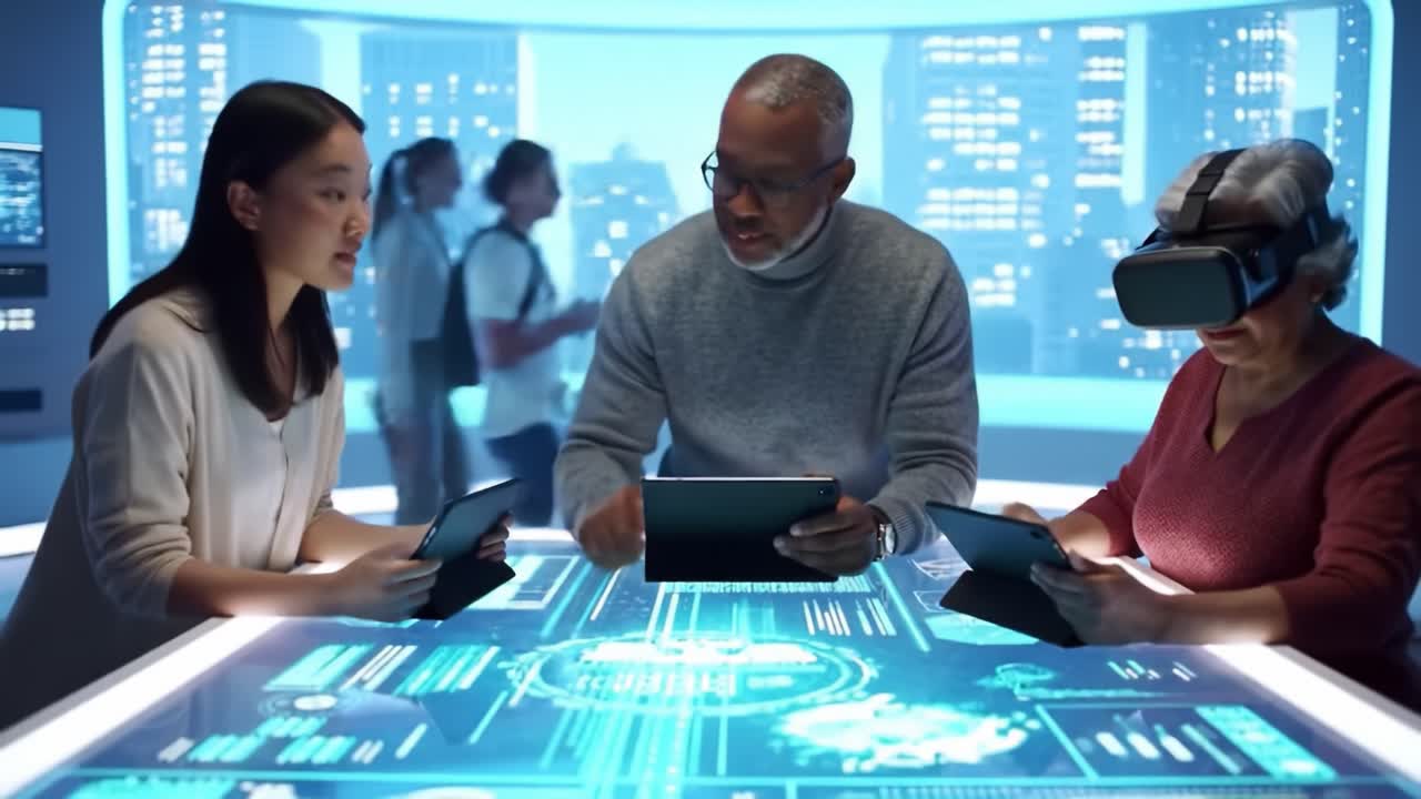 Diverse Team Collaborates in Futuristic Virtual Reality Meeting