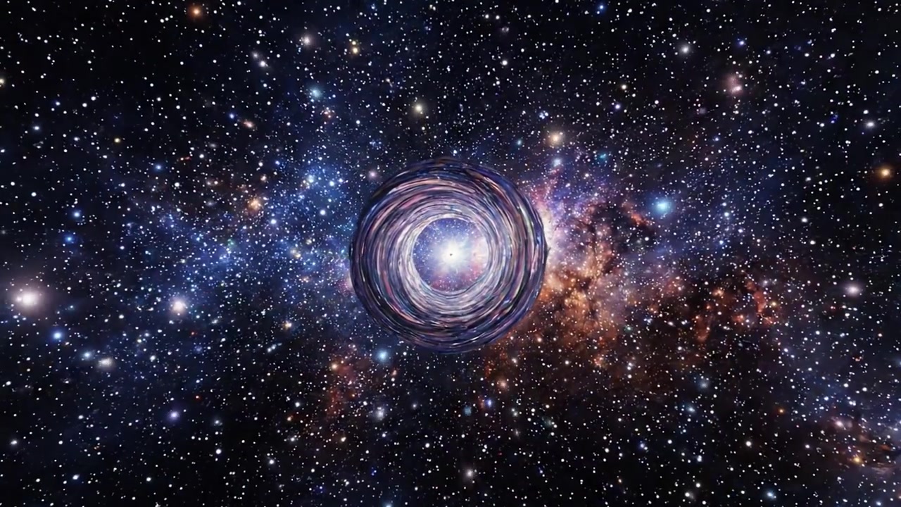 Un viaggio attraverso un tunnel cosmico: vortici vibranti di luce e colore che conducono nelle profondità dello spazio e del tempo, dove galassie e stelle attendono di essere esplorate