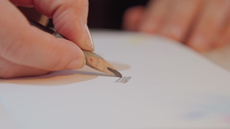 Close up of hand holding ink pen carefully drawing straight lines on white paper. steady movement creates precise parallel strokes against smooth surface emphasizing controlled artistic