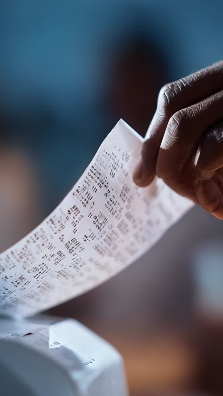 A Close-Up of a Hand Holding a Printed Receipt, Showcasing Detailed Text and Patterns Found on a Thermal Print in a Dimly Lit Environment