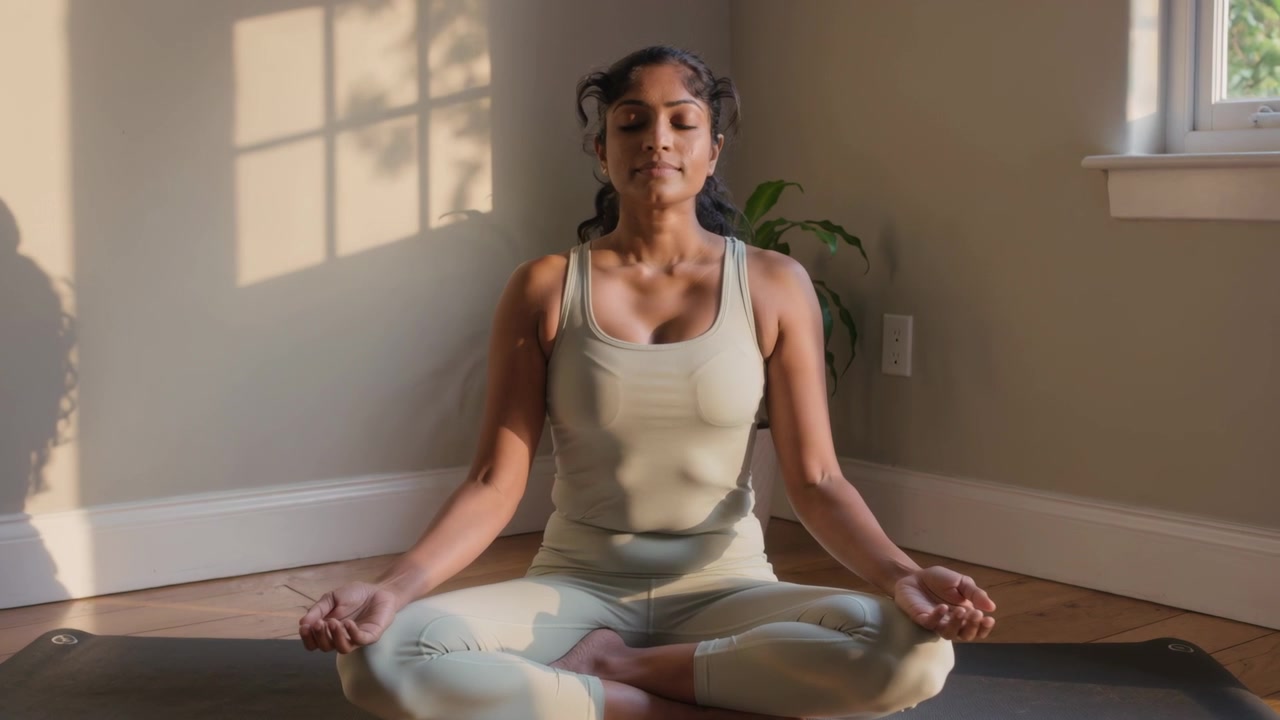 Mulher respirando em roupa esportiva em tapete de yoga no canto do quarto, ajustando a postura com a mão direita sob a luz do sol.