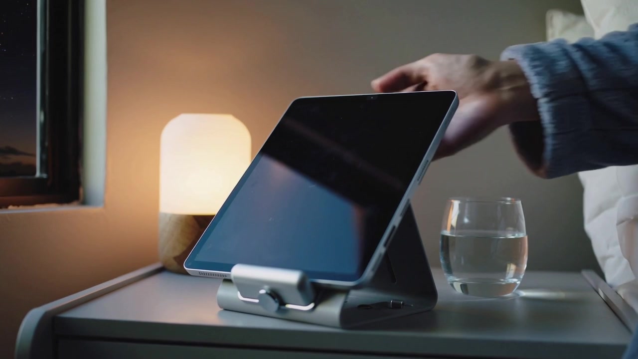 Holding tablet above stand, user wearing robe lowering aligning and tilting at bedside for reading