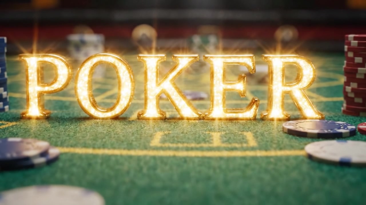 Scene Accattivanti di un Tavolo da Poker con Sfarzose Lettere Dorate e Fiches Colorate, Evidenziando l'Eccitazione della Strategia e della Fortuna in Questo Classico Gioco di Carte.
