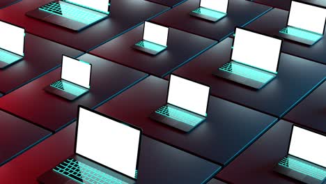 conjunto de muchas computadoras portátiles abiertas con pantallas brillantes y luz roja y azul. animación 4k, bucle infinito