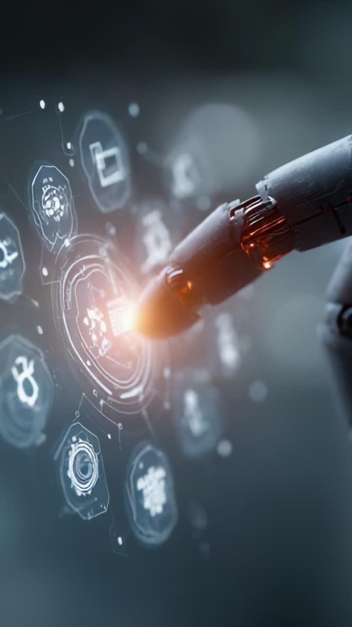 A Robotic Finger Interacting with a Futuristic Touchscreen Display, Highlighting Advanced Technology and Smart Interfaces in Modern Robotics and AI Systems
