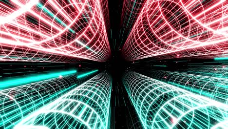 motion design array of cylinders, camera flies and rotates in digital sci-fi space with neon light and hologram objects. hi tech concept, abstract futuristic looped background. motion graphic. vj loop