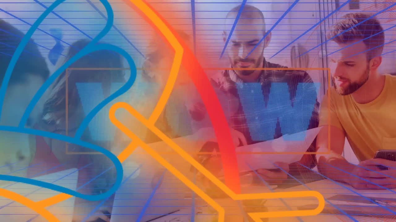 animación de formas de neón y wow sobre diversos compañeros de trabajo.