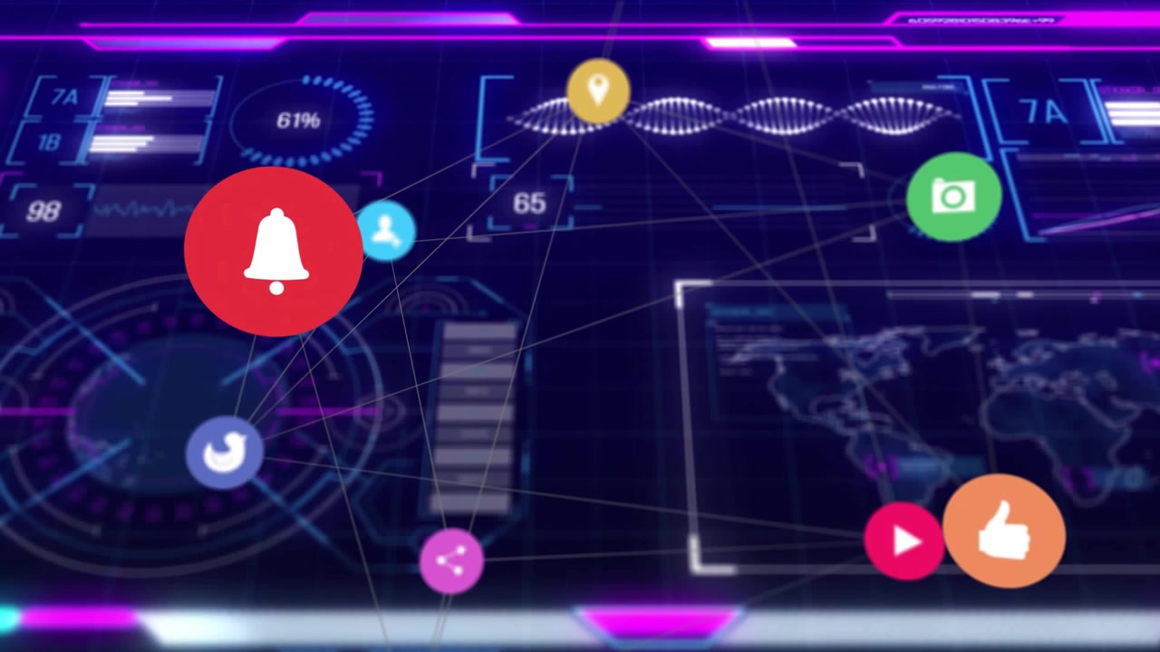 Opening neon dashboard showing icons fading around globe, charts shifting visualizing data trends