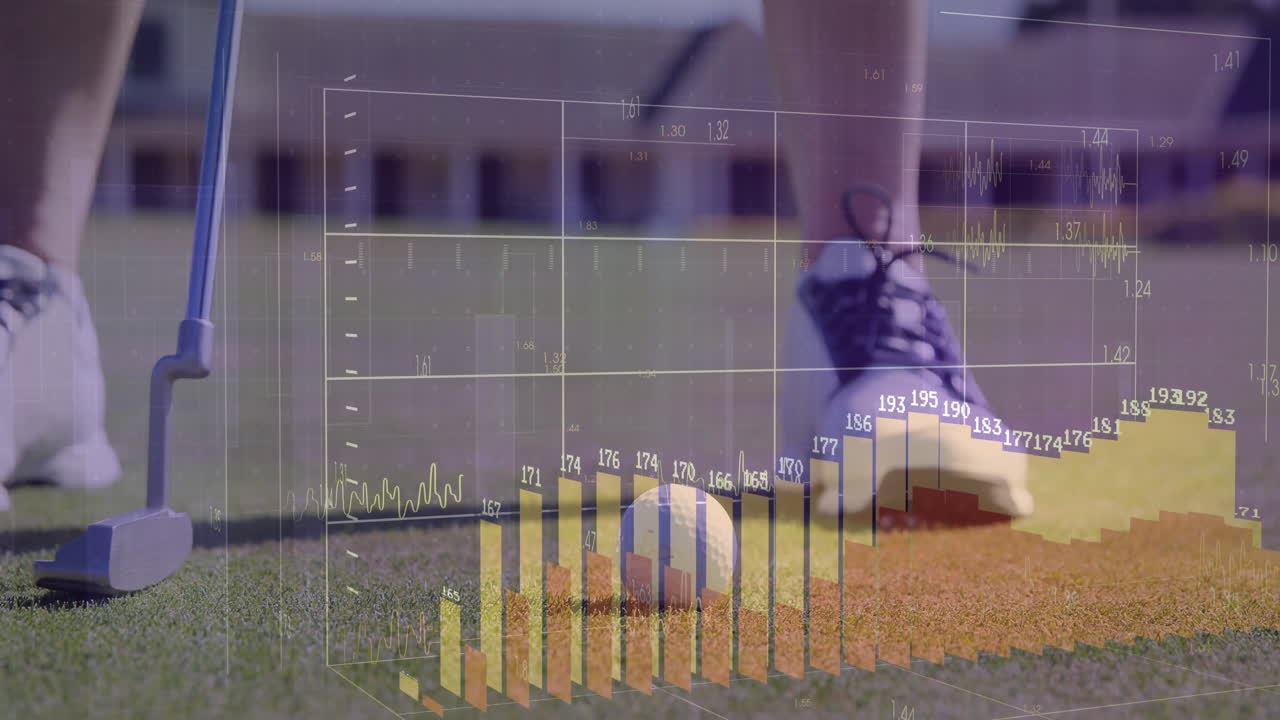 female golfer aligning putter on green, displaying technology analytics with charts and graphs