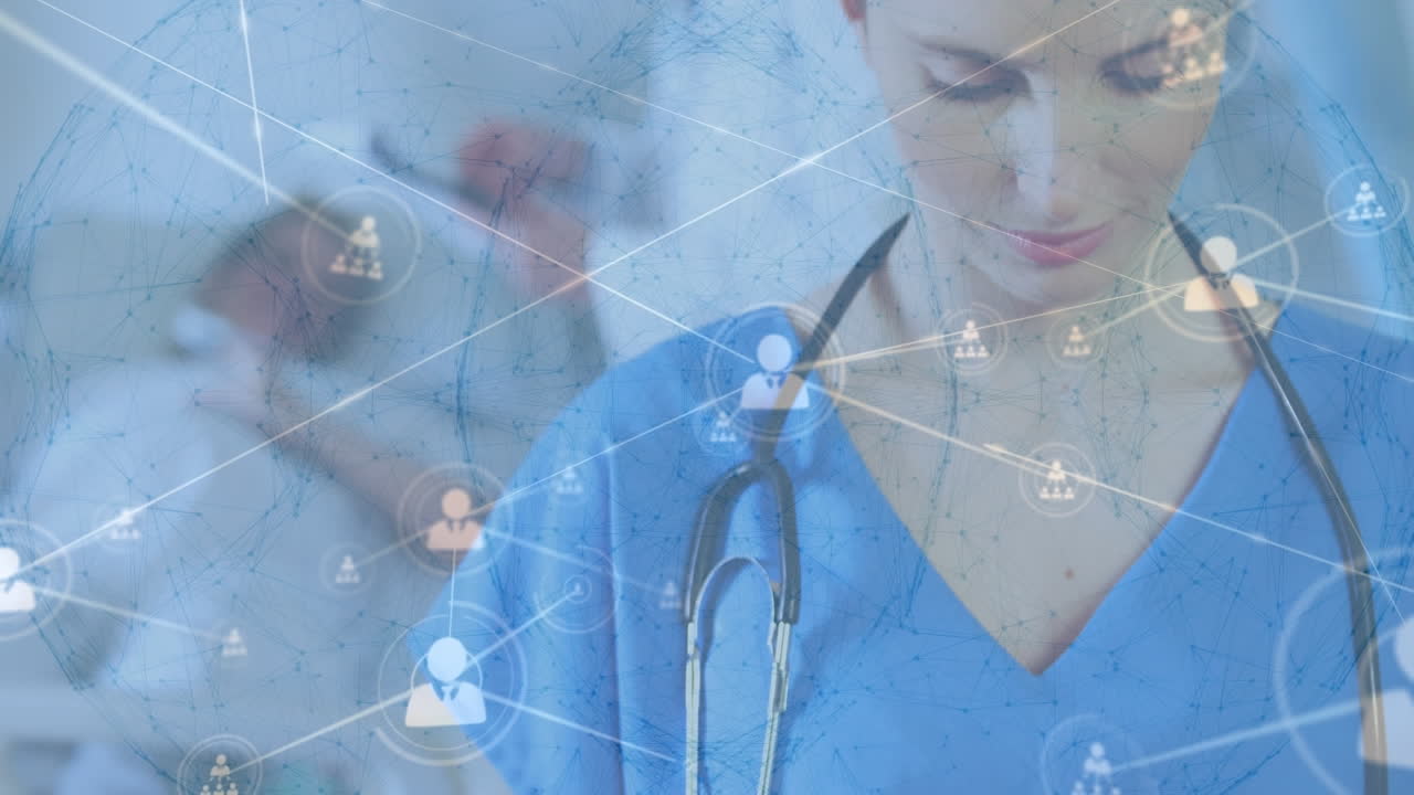 태블릿을 사용하는 백인 여성 의사의 지구와 초상화와 함께 연결된 프로필 아이콘의 애니메이션