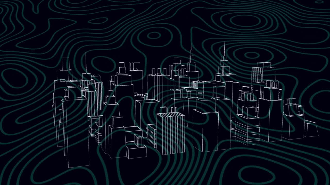 animación de la ciudad del metaverso girando sobre un fondo negro con isohypses
