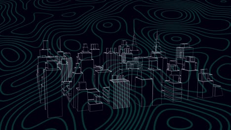 animation of metaverse city rotating on black background with isohypses