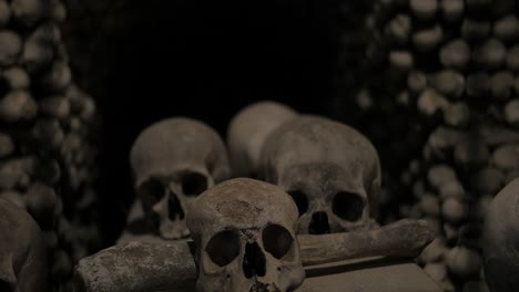 push in shot through protective cage guarding human remains skull - bones in decorative spooky sedlec ossuary catholic czech chapel.
