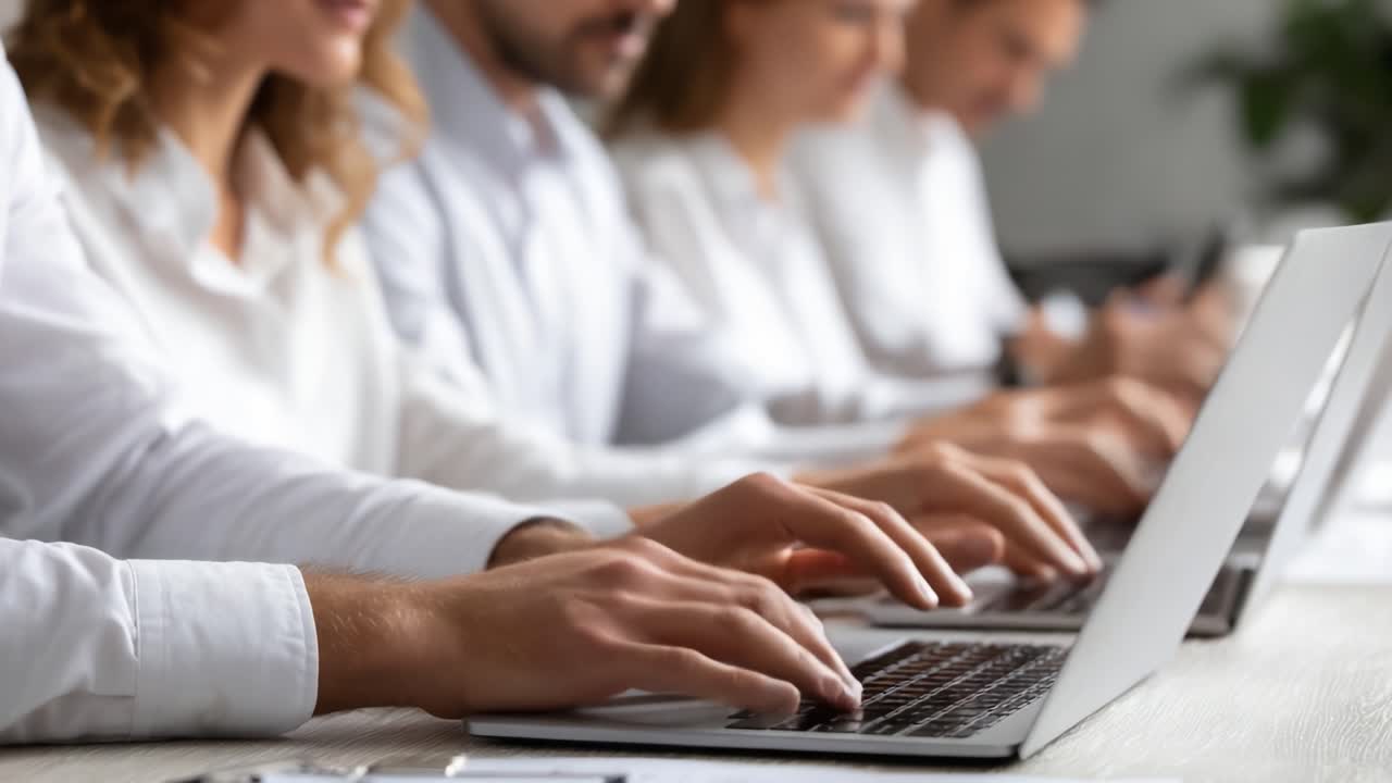 A Focused Team Engaged in Collaborative Work at a Bright Workspace with Laptops, Emphasizing Productivity and Team Dynamics in a Professional Setting