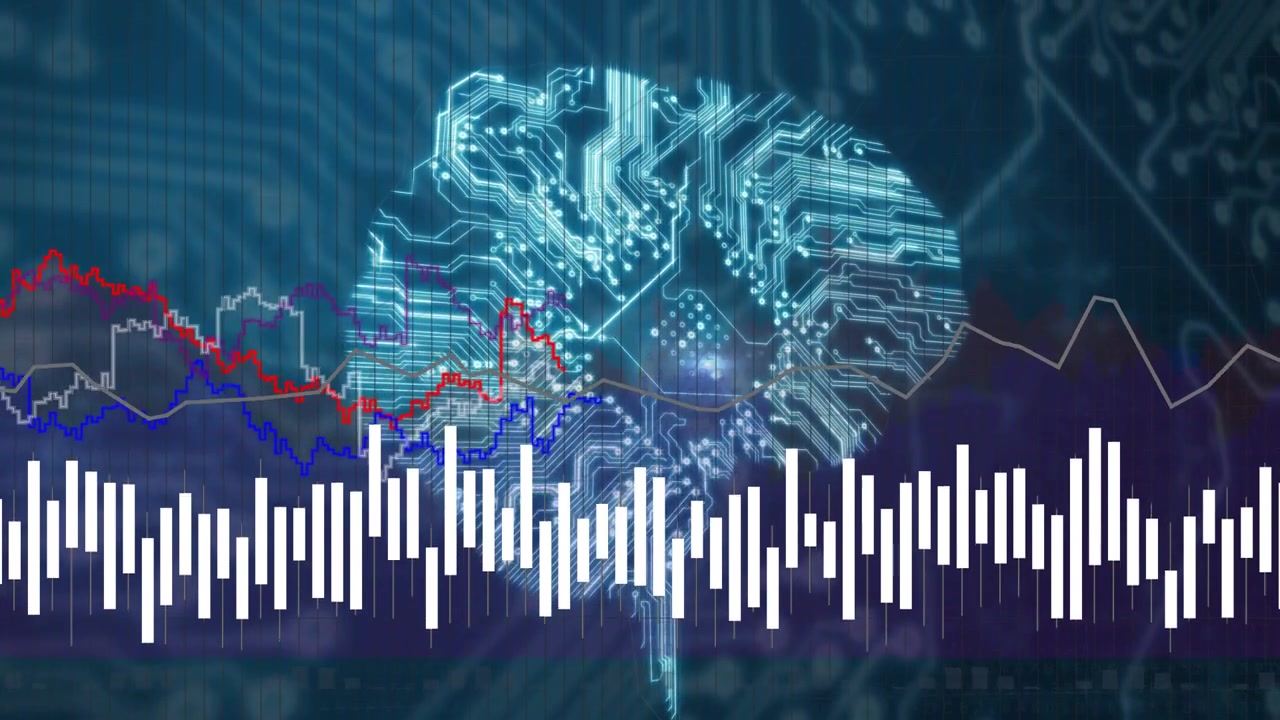 Audio starting, white waveform pulsing, circuit brain emerging, colored lines tracing data trends