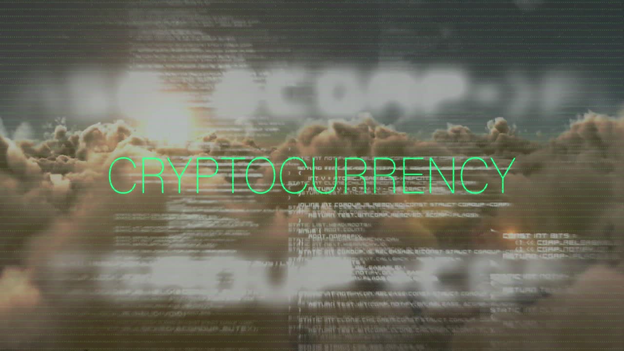 Animation of cryptocurrency text in green with data processing over cloudy sunset sky
