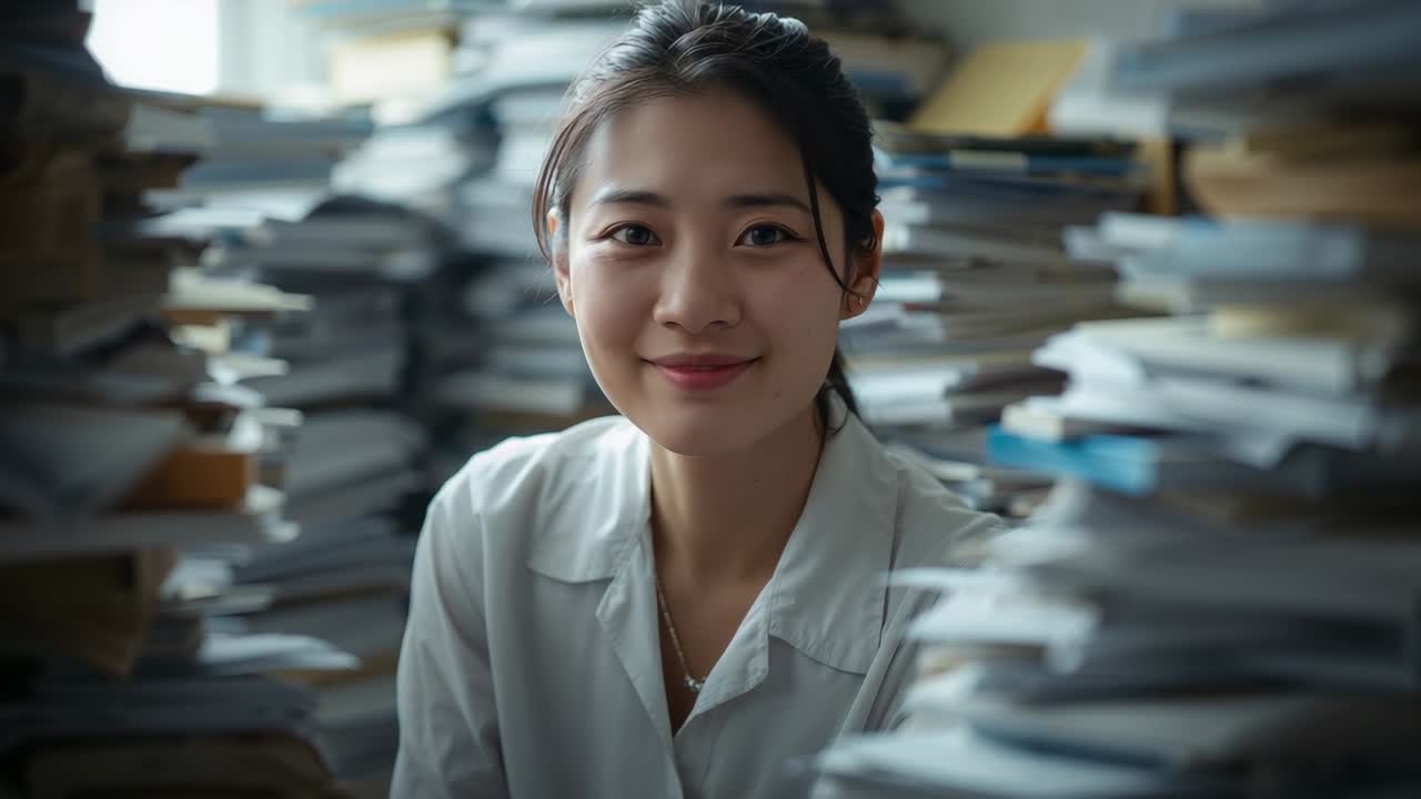 Camera framing woman in white shirt lifting chin responding, smiling in cramped office with files