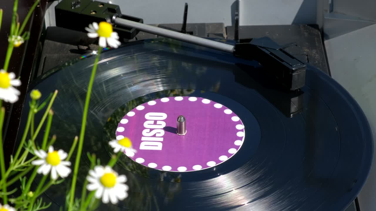 Antiquarian record player. Rotating plate and stylus with the needle close-up. Stylus arm and needle lowered on black vinyl record on a DJ turntable