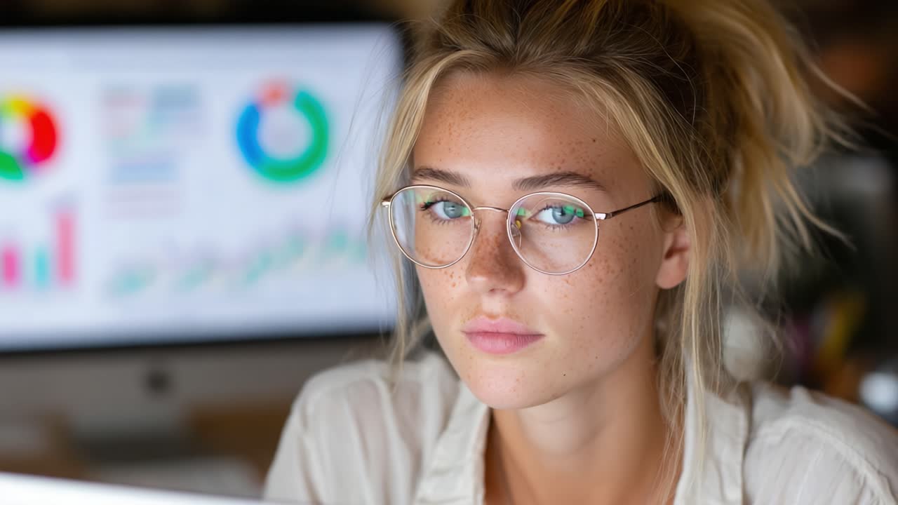 Focused Young Woman Analyzing Data on Computer Screen: Captivating Expressions in a Work Environment Highlighting Concentration and Determination in Personal Growth