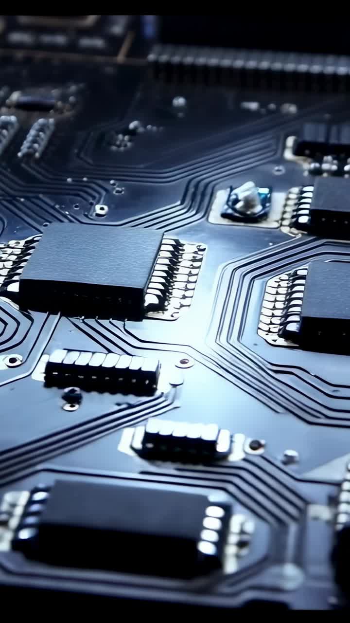 Vertical video: Moving camera revealing PCB on lab bench for review, showing SMDs and copper traces