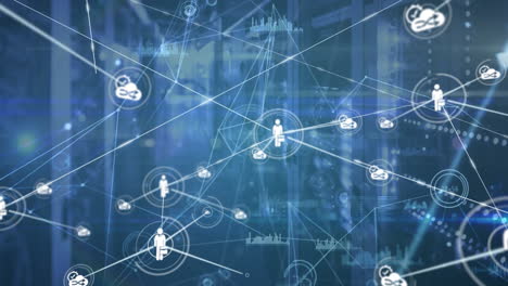 animation of network of connections with icons over servers