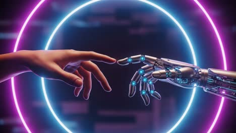 a captivating moment of connection: the human hand reaching out to touch a robotic hand surrounded by a futuristic neon circle, symbolizing unity between man and machine