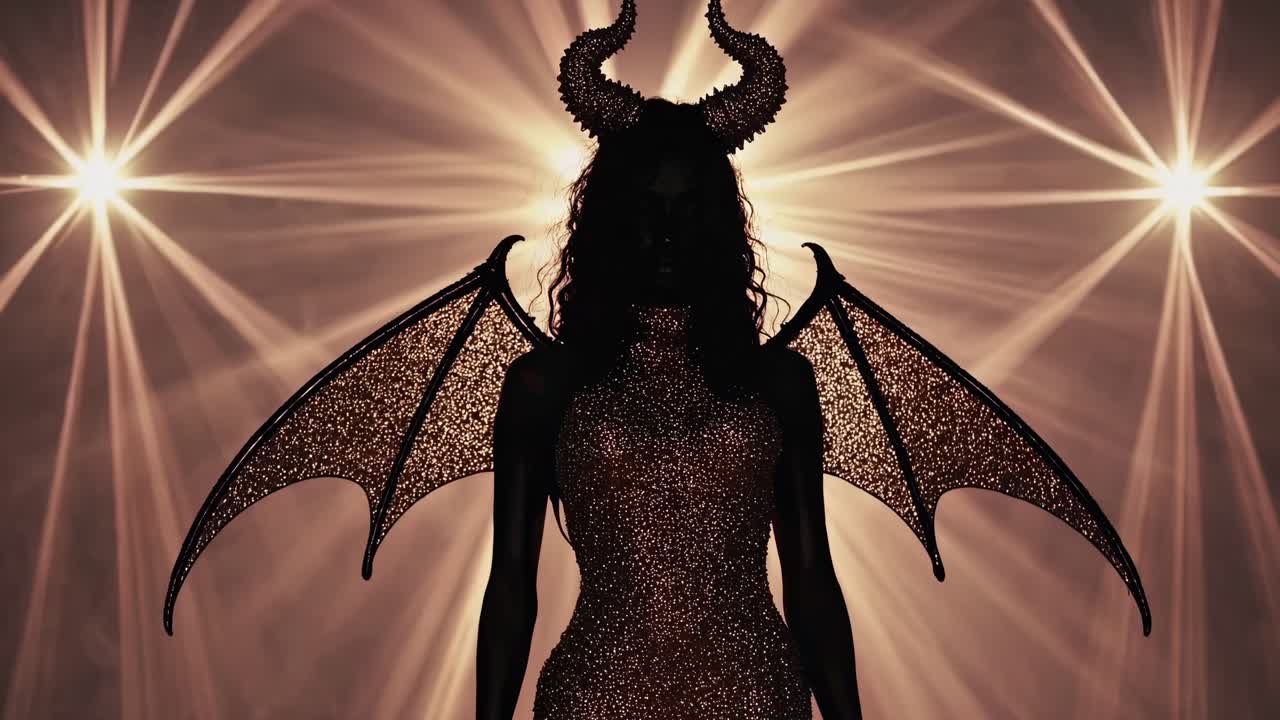 Mysterious woman wearing devil costume with horns and glittering wings walking towards camera under bright spotlights, creating a captivating and dramatic atmosphere