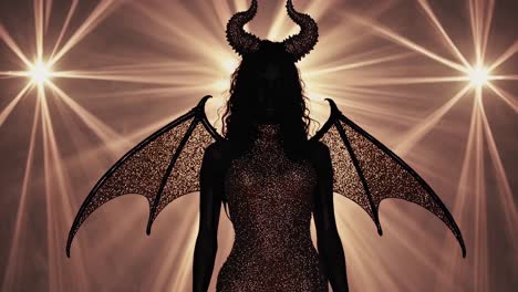 mujer misteriosa con disfraz de diablo con cuernos y alas relucientes caminando hacia la cámara bajo focos brillantes, creando una atmósfera cautivadora y dramática