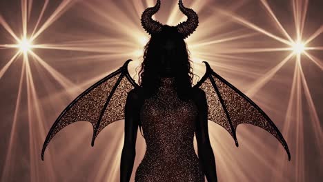 mysterious woman wearing devil costume with horns and glittering wings walking towards camera under bright spotlights, creating a captivating and dramatic atmosphere