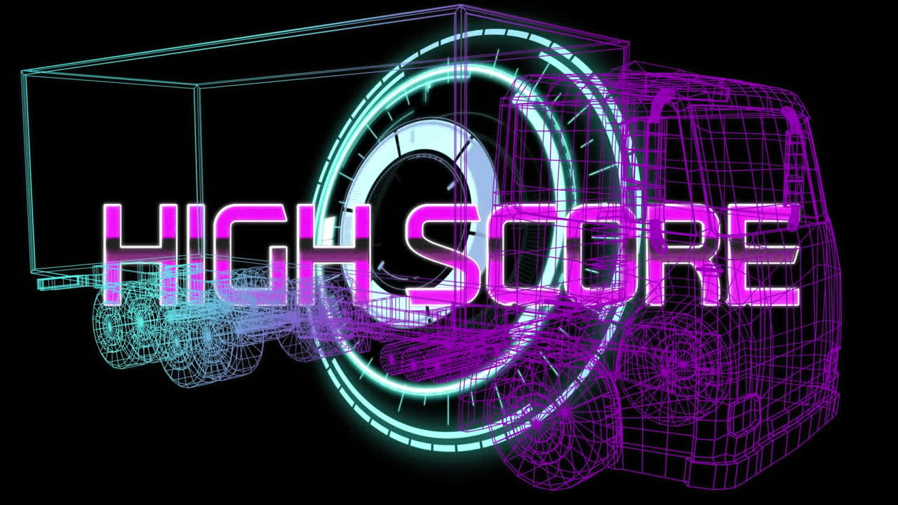 animación de texto de alta puntuación sobre escaneo de alcance y dibujo de camión 3d