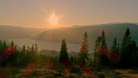 pan shot of colorful sunset over fjords of norway during evening time