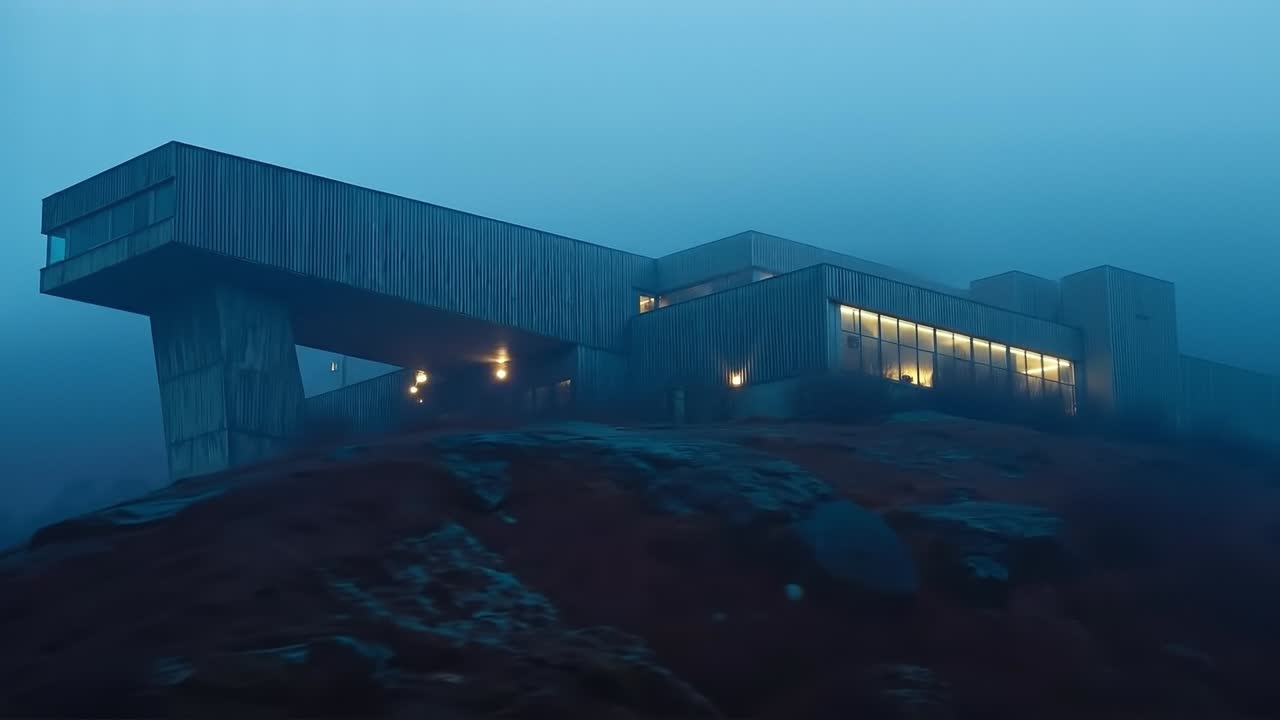 A building on top of a hill in the fog at night